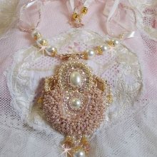 Rice Powder Necklace embroidered with Swarovski crystals, gold plated accessories, pearls and seed beads